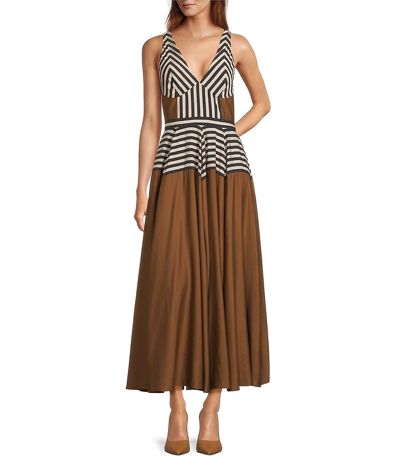 Antonio Melani Ashley Stripe Luxe Voile V-Neckline Sleeveless A-Line Maxi Dress
