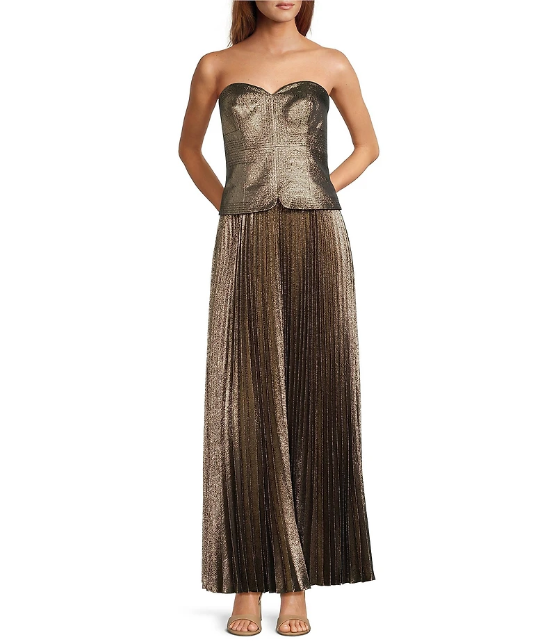 Antonio Melani Billie Crepe Strapless Pleated Metallic Maxi Dress