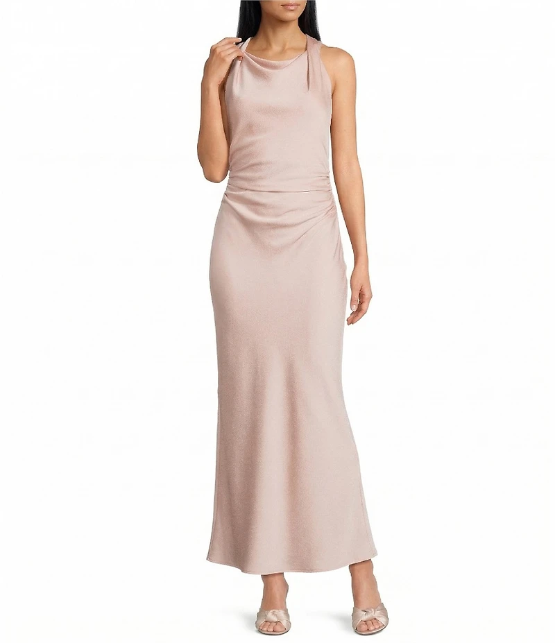 Antonio Melani Bimini Satin Ruched Boat Neck Sleeveless Sheath Maxi Dress
