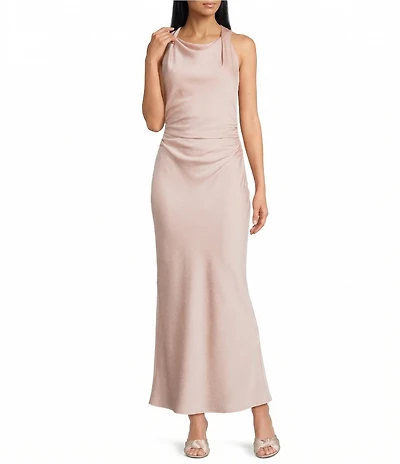 Antonio Melani Bimini Satin Ruched Boat Neck Sleeveless Sheath Maxi Dress