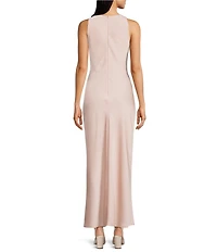 Antonio Melani Bimini Satin Ruched Boat Neck Sleeveless Sheath Maxi Dress