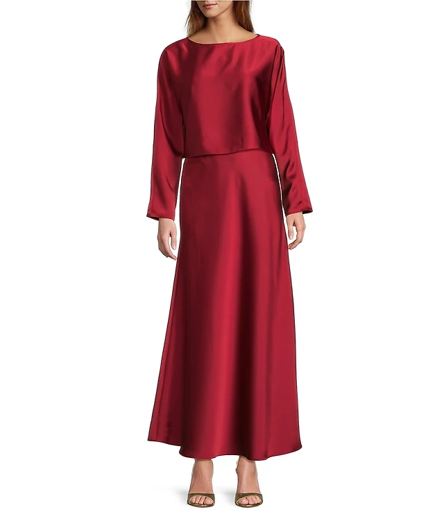 Antonio Melani Blyss Drapey Satin Boat Neck Long Sleeve Feather