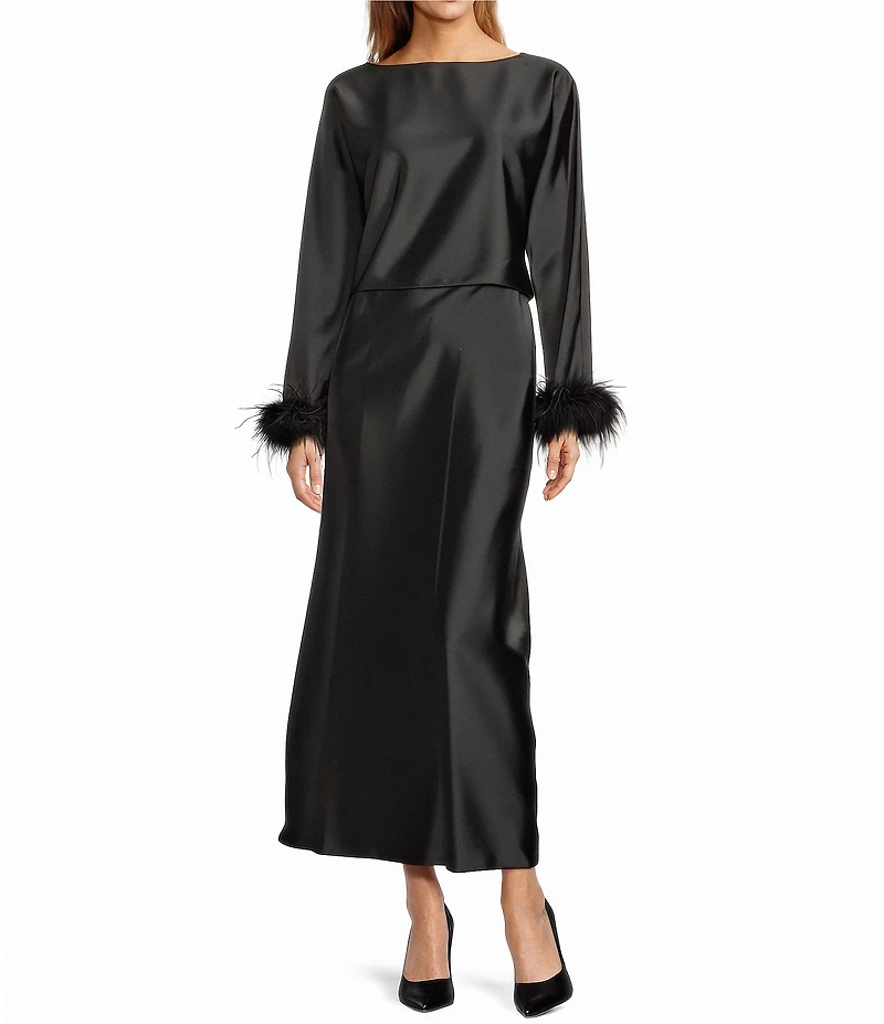 Antonio Melani Blyss Drapey Satin Boat Neck Long Sleeve Feather Cuff Blouse