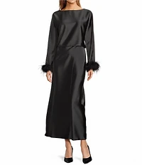 Antonio Melani Blyss Drapey Satin Boat Neck Long Sleeve Feather Cuff Blouse