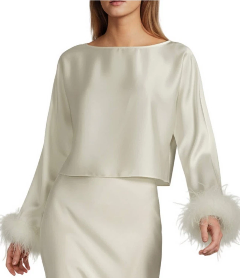 Antonio Melani Blyss Drapey Satin Boat Neck Long Sleeve Feather Cuff Blouse