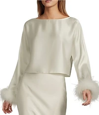 Antonio Melani Blyss Drapey Satin Boat Neck Long Sleeve Feather Cuff Blouse