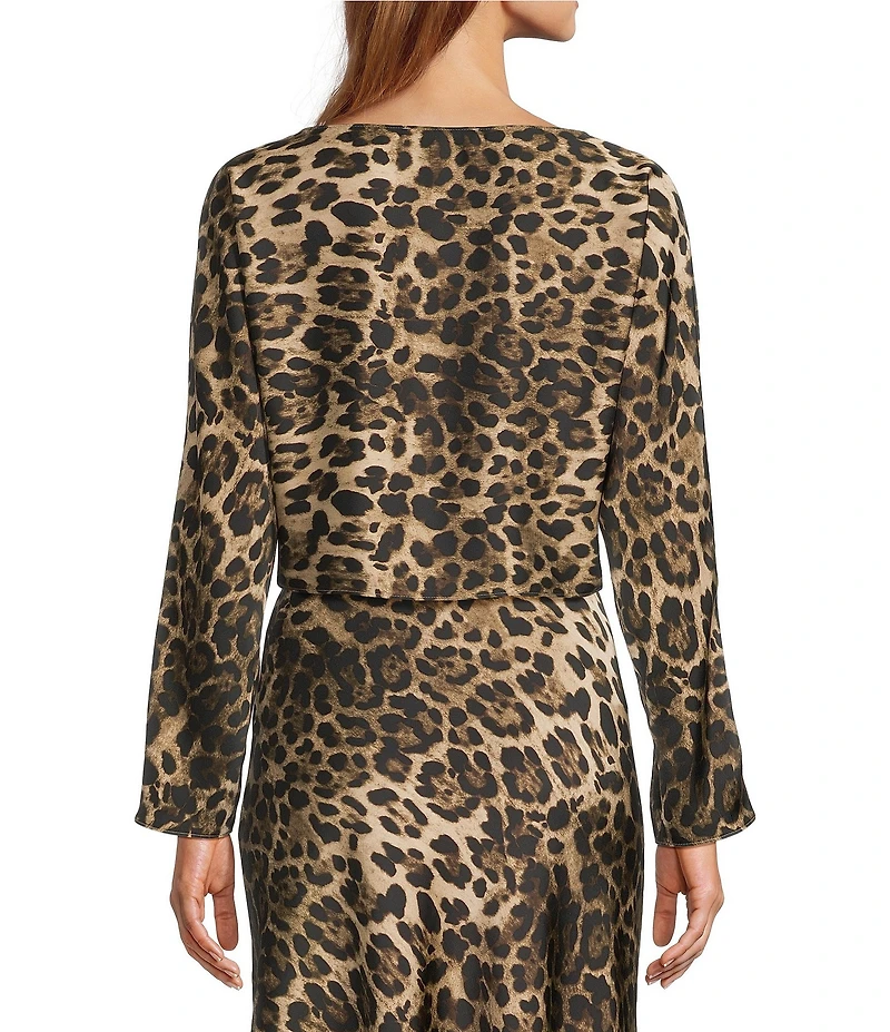 Antonio Melani Blyss Leopard Print Satin Boat Neck Long Sleeve Coordinating Blouse
