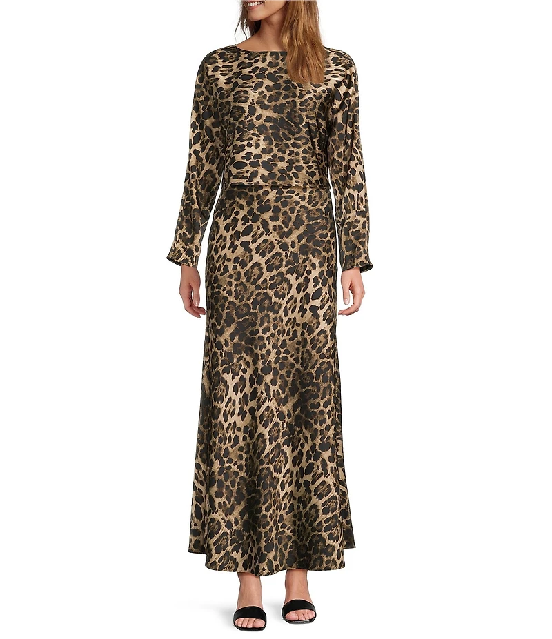 Antonio Melani Blyss Leopard Print Satin Boat Neck Long Sleeve Coordinating Blouse