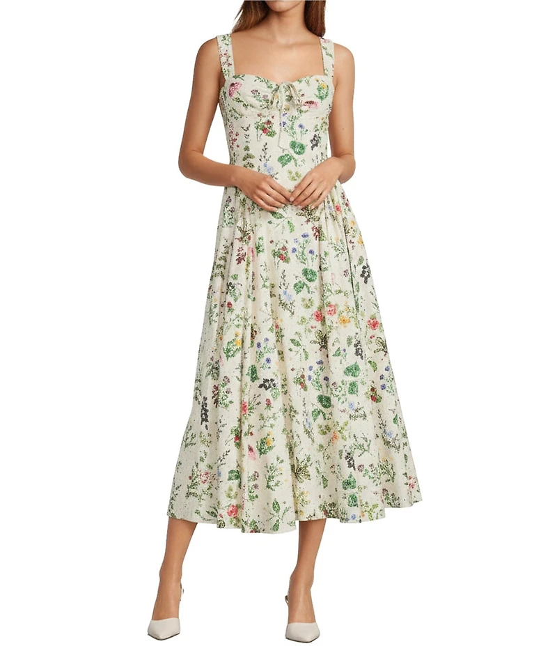 Antonio Melani Blythe Floral Printed Eyelet Sweetheart Neck Sleeveless Midi Dress