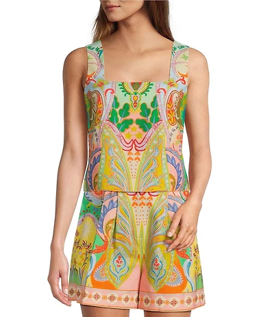 Antonio Melani Brooks Printed Coordinating Linen Square Neck Sleeveless Blouse