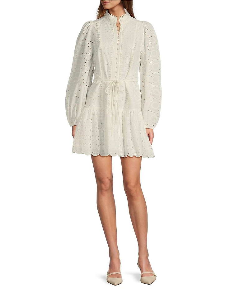 Antonio Melani Brynn Eyelet Mock Neck Button Front Long Sleeve Tie Waist Dress