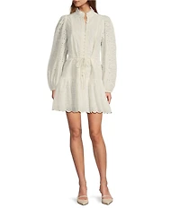 Antonio Melani Brynn Eyelet Mock Neck Button Front Long Sleeve Tie Waist Dress