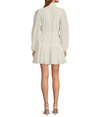 Antonio Melani Brynn Eyelet Mock Neck Button Front Long Sleeve Tie Waist Dress