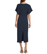 Antonio Melani Carter Short Sleeve Crew Neck Crepe Sheath Midi Drees