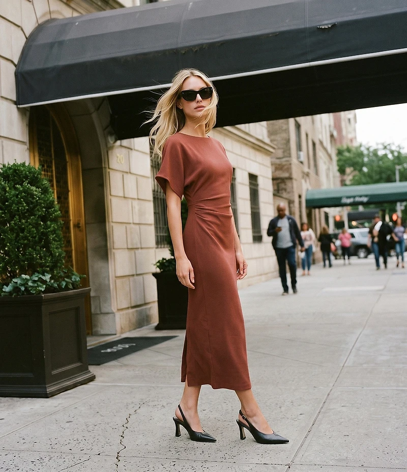 Antonio Melani Carter Short Sleeve Crew Neck Crepe Sheath Midi Dress