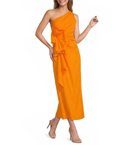 Antonio Melani Catarina Linen 3D Floral Applique Asymmetrical One-Shoulder A-line Flounce Midi Dress