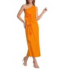 Antonio Melani Catarina Linen 3D Floral Applique Asymmetrical One-Shoulder A-line Flounce Midi Dress