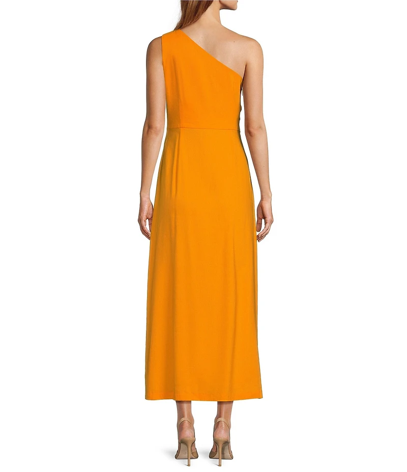Antonio Melani Catarina Linen 3D Floral Applique Asymmetrical One-Shoulder A-line Flounce Midi Dress
