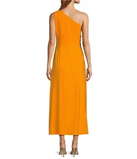 Antonio Melani Catarina Linen 3D Floral Applique Asymmetrical One-Shoulder A-line Flounce Midi Dress