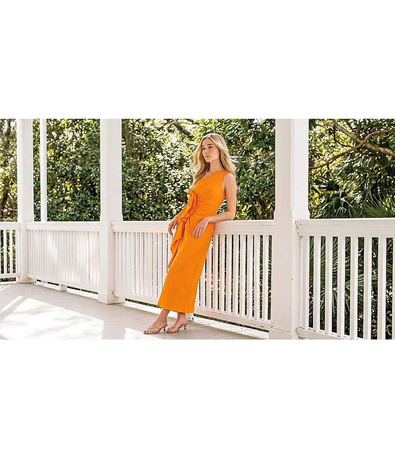Antonio Melani Catarina Linen 3D Floral Applique Asymmetrical One-Shoulder A-line Flounce Midi Dress