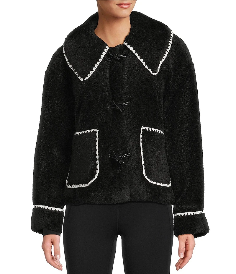 Antonio Melani Collared Long Sleeve Contrast Stitching Shearling Teddy Jacket