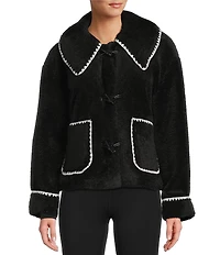 Antonio Melani Collared Long Sleeve Contrast Stitching Shearling Teddy Jacket
