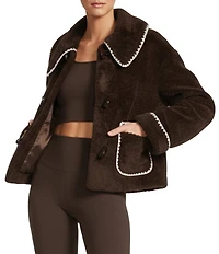 Antonio Melani Collared Long Sleeve Contrast Stitching Shearling Teddy Jacket