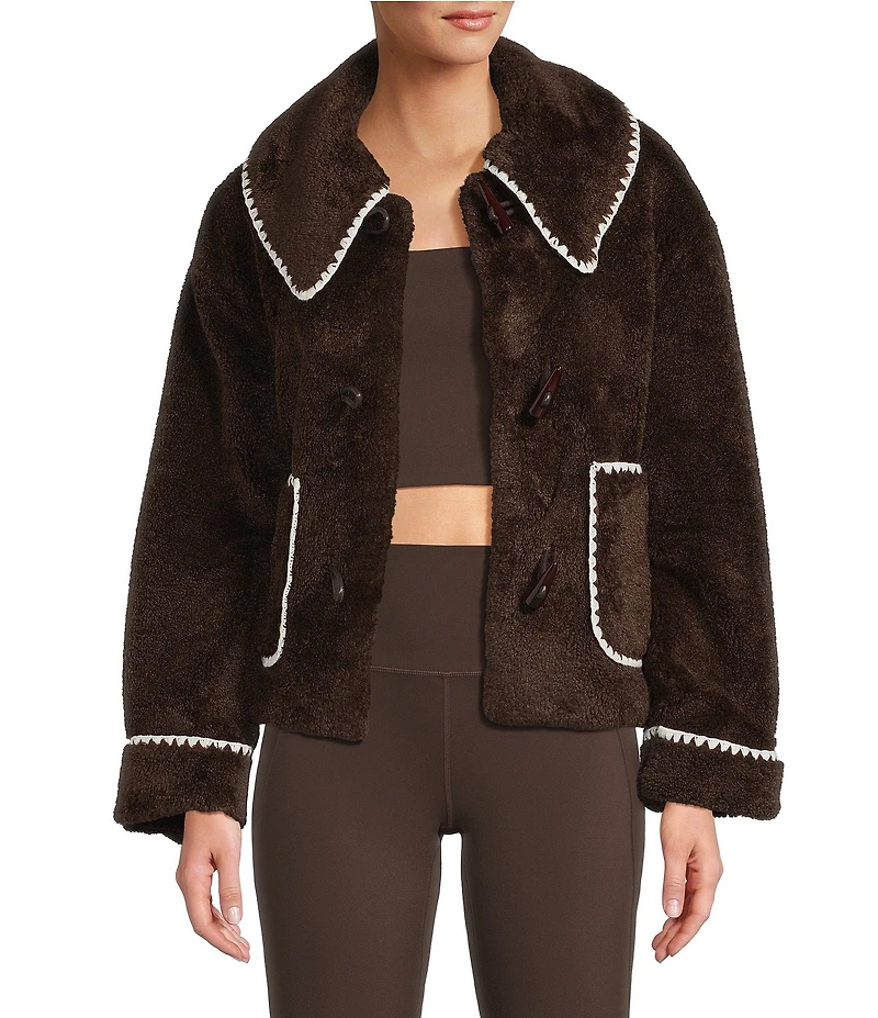 Antonio Melani Collared Long Sleeve Contrast Stitching Shearling Teddy Jacket