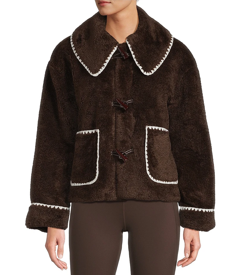 Antonio Melani Collared Long Sleeve Contrast Stitching Shearling Teddy Jacket