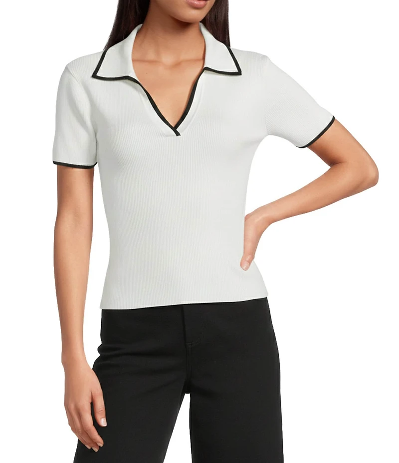 Antonio Melani Contrast Ribbed V-Neck Collar Short Sleeve Blouse