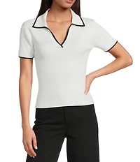 Antonio Melani Contrast Ribbed V-Neck Collar Short Sleeve Blouse