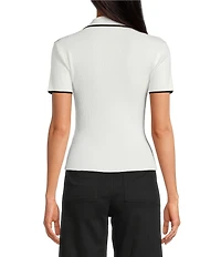 Antonio Melani Contrast Ribbed V-Neck Collar Short Sleeve Blouse
