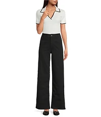 Antonio Melani Contrast Ribbed V-Neck Collar Short Sleeve Blouse