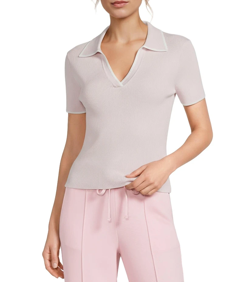 Antonio Melani Contrast Ribbed V-Neck Collar Short Sleeve Blouse