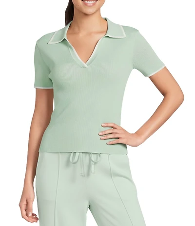 Antonio Melani Contrast Ribbed V-Neck Collar Short Sleeve Blouse