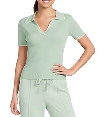 Antonio Melani Contrast Ribbed V-Neck Collar Short Sleeve Blouse