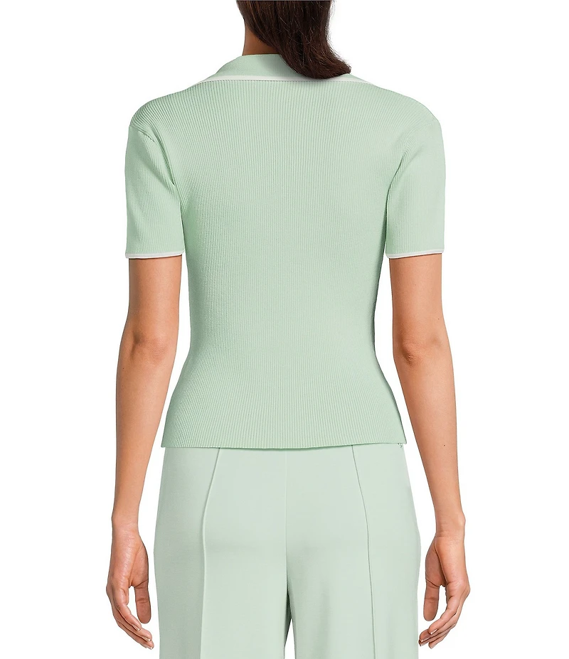 Antonio Melani Contrast Ribbed V-Neck Collar Short Sleeve Blouse