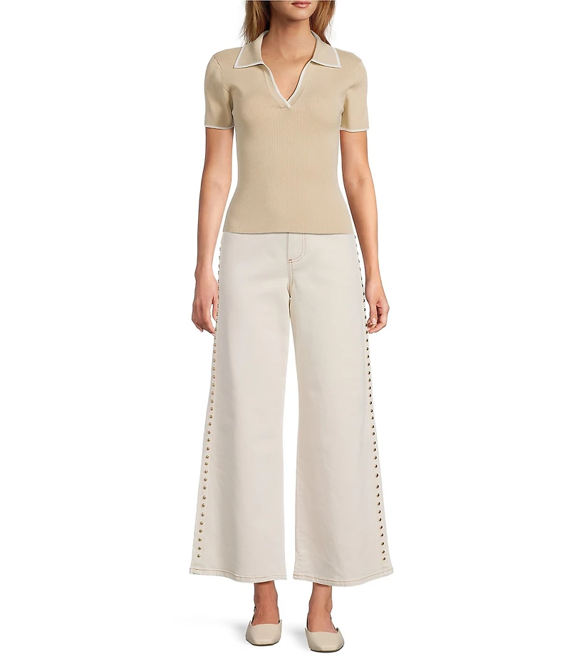 Antonio Melani Contrast Ribbed V-Neck Collar Short Sleeve Blouse