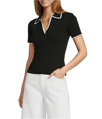 Antonio Melani Contrast Ribbed V-Neck Collar Short Sleeve Blouse
