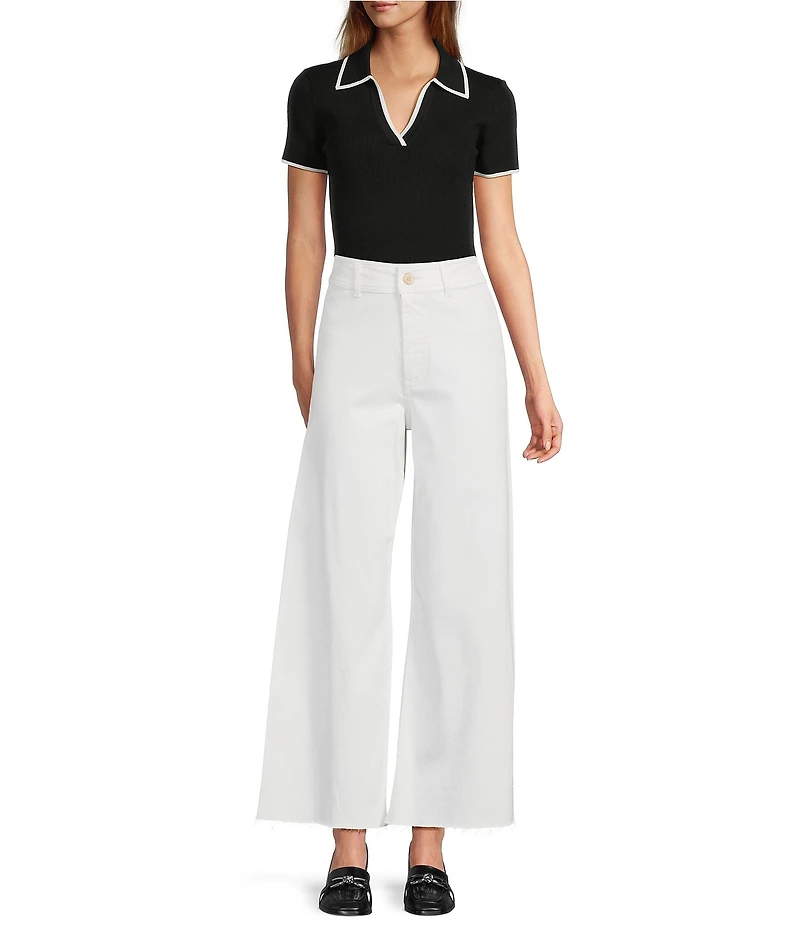 Antonio Melani Contrast Ribbed V-Neck Collar Short Sleeve Blouse