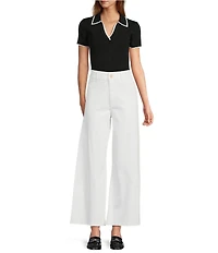 Antonio Melani Contrast Ribbed V-Neck Collar Short Sleeve Blouse