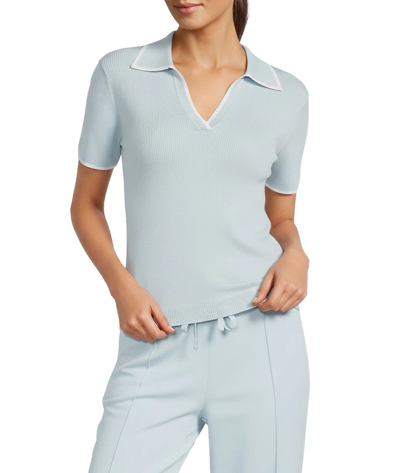 Antonio Melani Contrast Ribbed V-Neck Collar Short Sleeve Blouse