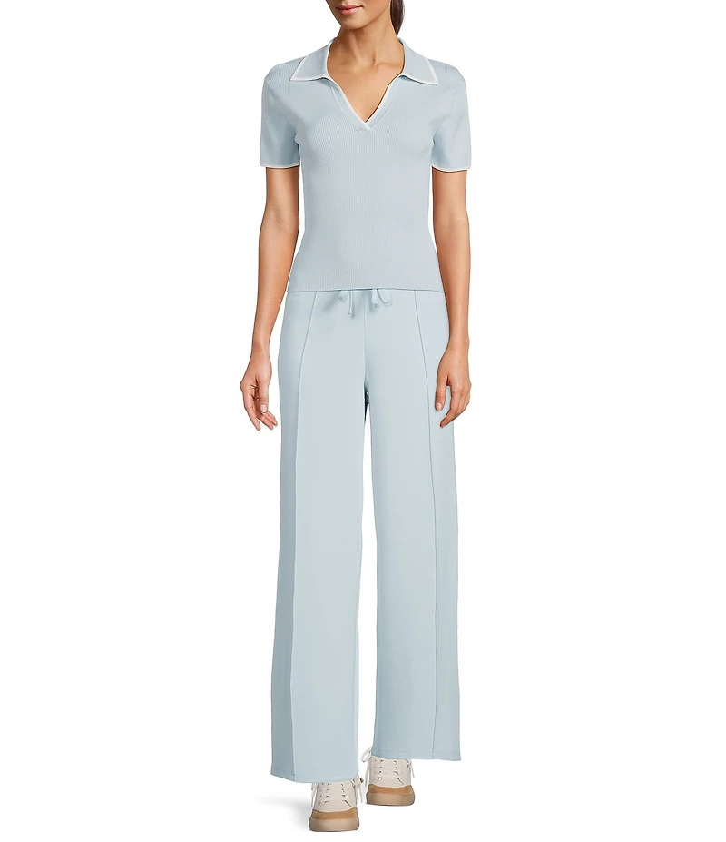 Antonio Melani Contrast Ribbed V-Neck Collar Short Sleeve Blouse