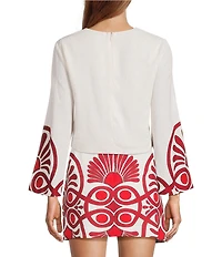 Antonio Melani Coordinating Edina Printed Linen Blend Round Neck Long Sleeve Blouse