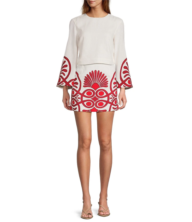 Antonio Melani Coordinating Edina Printed Linen Blend Round Neck Long Sleeve Blouse