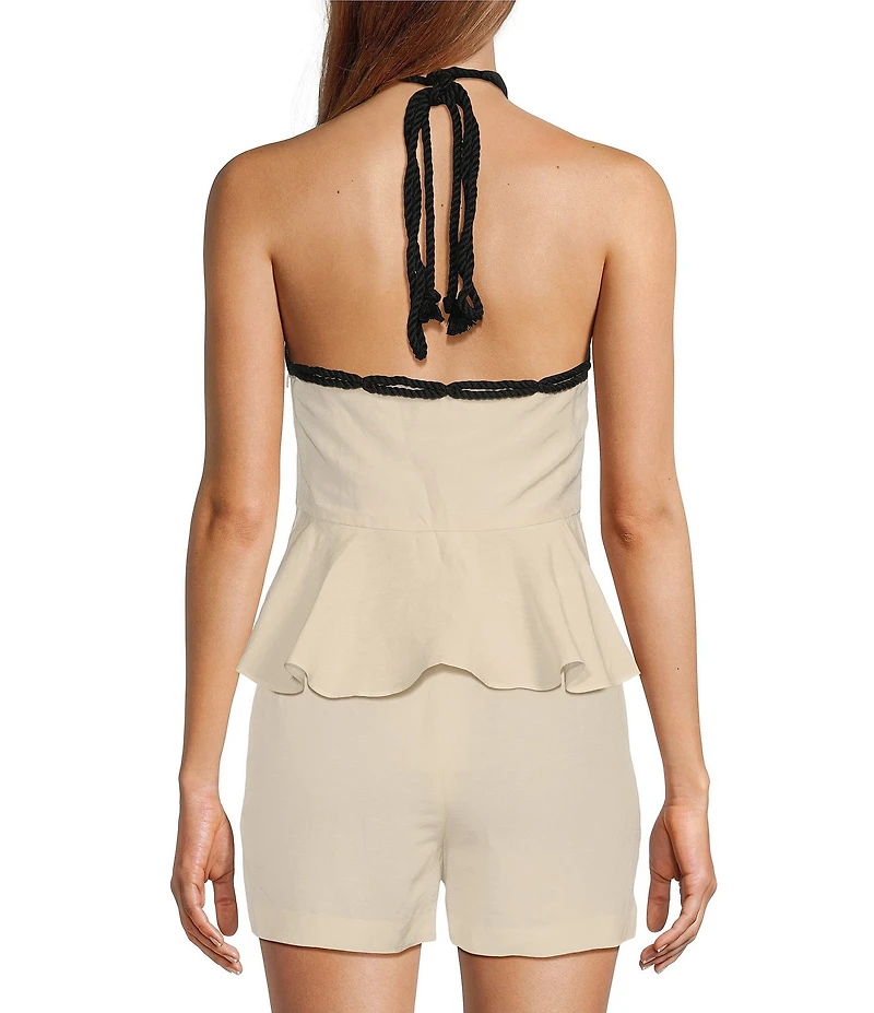 Antonio Melani Coordinating Sandy Linen Blend Rope Halter Peplum Blouse