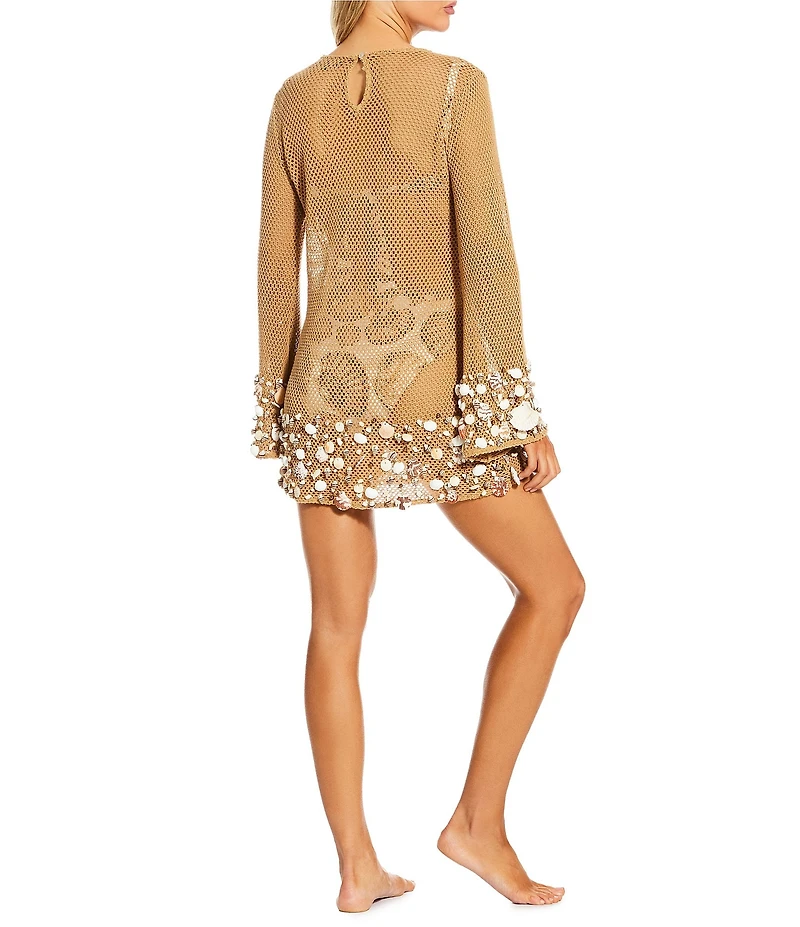 Antonio Melani Crochet Sea Shell Embellished Long Sleeve Dress Cover-Up