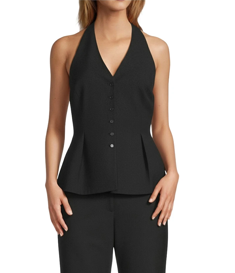 Antonio Melani Danielle Stretch Button Front Sleeveless Halter V-Neckline Peplum Vest