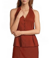 Antonio Melani Danielle Stretch Button Front Sleeveless Halter V-Neckline Peplum Vest