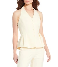Antonio Melani Danielle Stretch Button Front Sleeveless Halter V-Neckline Peplum Vest